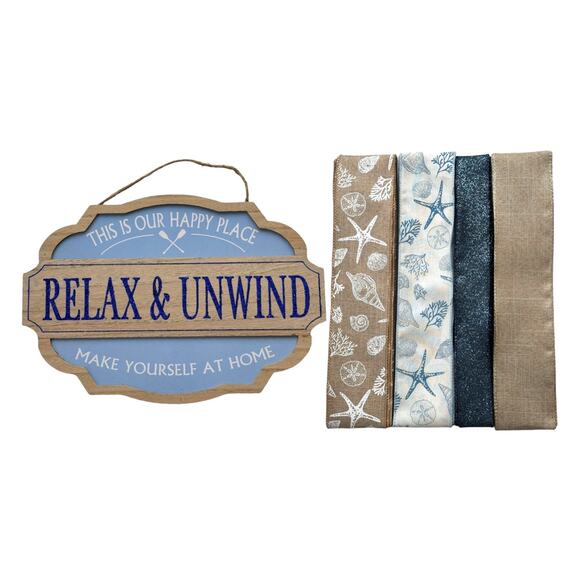 Relax and Unwind Lake House Sign & Ribbon Bundle, DIY Cabin Wreath Supply Kit - Picture 1 of 6